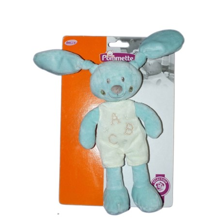 POMMETTE - Doudou Lapin bleu Salopette blanche ABC - H 26 cm (12209)