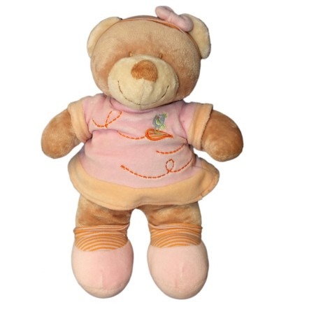 Doudou OURS beige POMMETTE Robe rose Oiseau bleu 28 cm (8174)