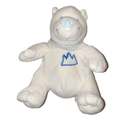 Doudou peluche ours polaire blanc echarpe bleue rayures 24 cm CP INTERNATIONAL (24279)