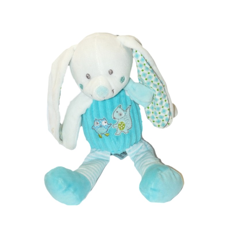 Doudou lapin blanc bleu Hibou renard 28 cm Mots d'Enfants (27868)