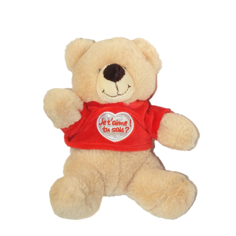 Peluche Ours beige pull rouge Jemini Je t'aime tu sais coeur 25 cm (27875)