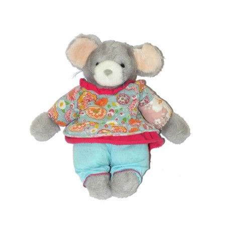 Doudou Peluche Souris grise tissu fleuri habits 30 cm (27889)