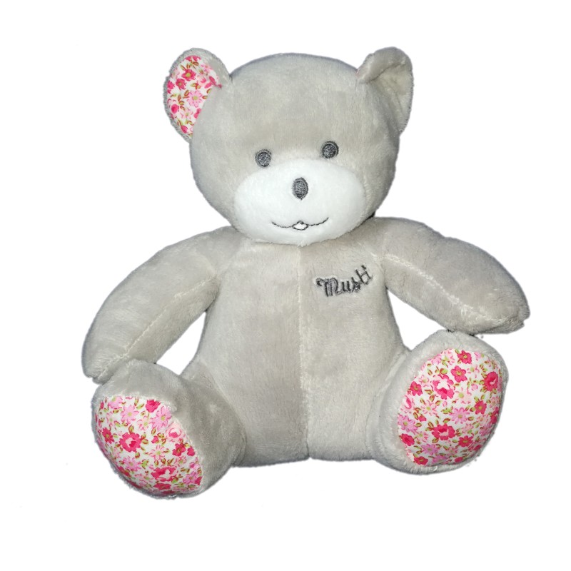 Peluche doudou ours gris Musti de Mustela tissu fleuri 18 cm (19846)