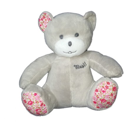 Peluche doudou ours gris Musti de Mustela tissu fleuri 18 cm (19846)