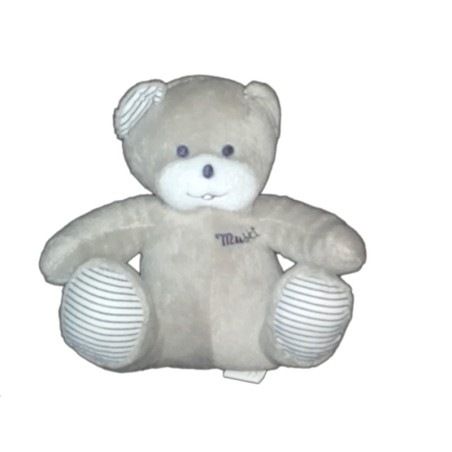Doudou ours gris rayures bleues Musti de Mustela tissu raye 18 cm (21769)