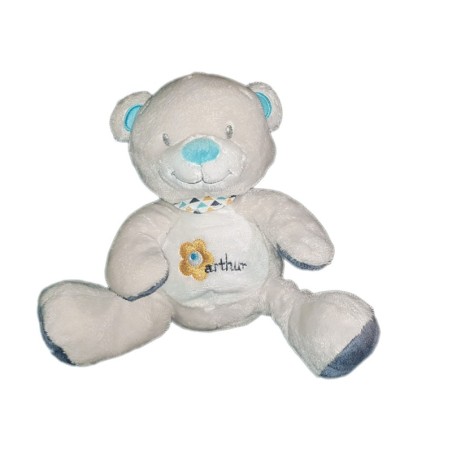 Peluche doudou ours gris beige bleu Arthur et Lola assis 18 cm (21952)