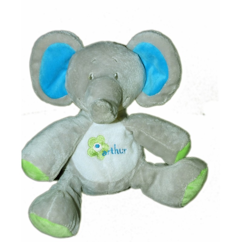 Doudou peluche elephant gris vert bleu Bebisol Arthur et Lola 20 cm (10541)