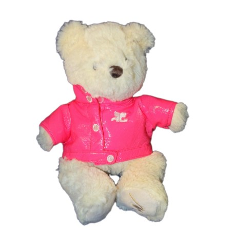 Doudou peluche OURS blanc ecru MARIONNAUD - 30 cm - Manteau rose  (10536)