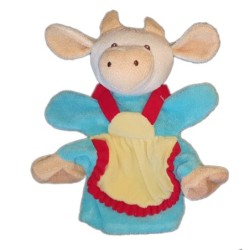 Doudou Marionnette Vache bleue jaune beige 28 cm Nounours (23433)