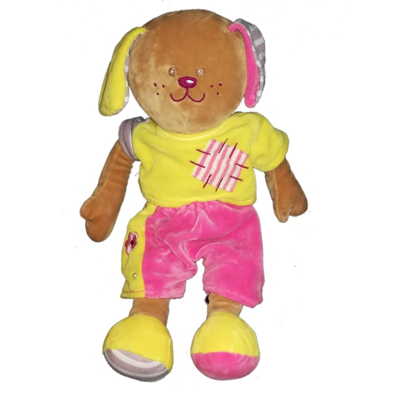 Peluche doudou Lapin chien marron jaune rose Ajena Nounours 38 cm (21455)