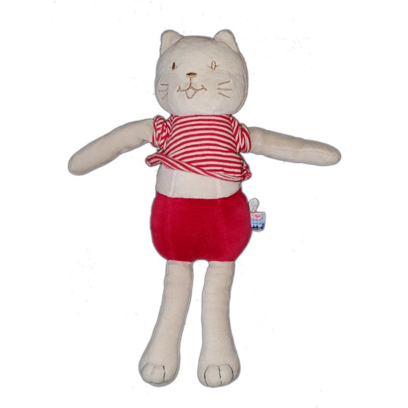 Peluche Doudou chat blanc rouge 30 cm Sucre d Orge (23307)