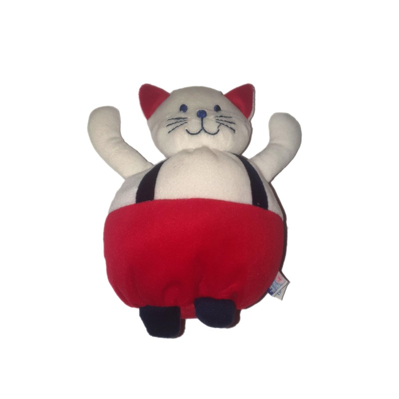 Doudou chat blanc rouge bleu salopette Sucre d'Orge 20 cm (26534)