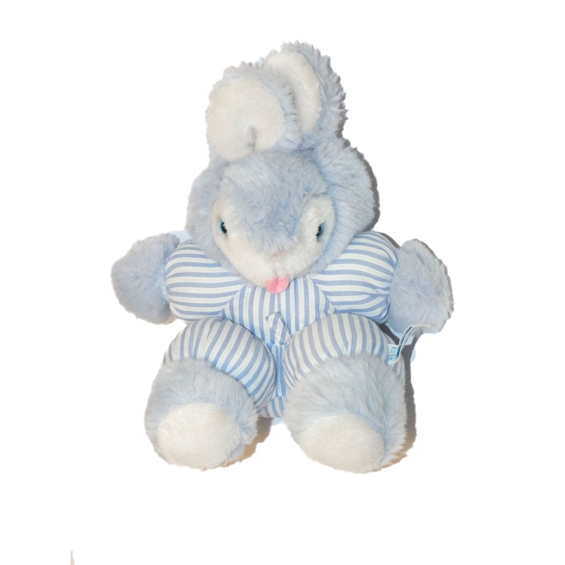 Peluche Lapin tissu blanc bleu rayures Sucre d'Orge vintage Ancien (27487)