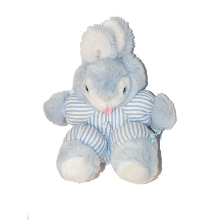Peluche Lapin tissu blanc bleu rayures Sucre d'Orge vintage Ancien (27487)