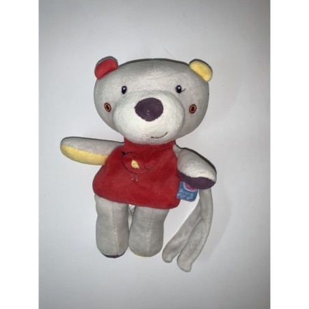 Doudou Attache Tetine Ours gris rouge oiseau Sucre d Orge (26990)