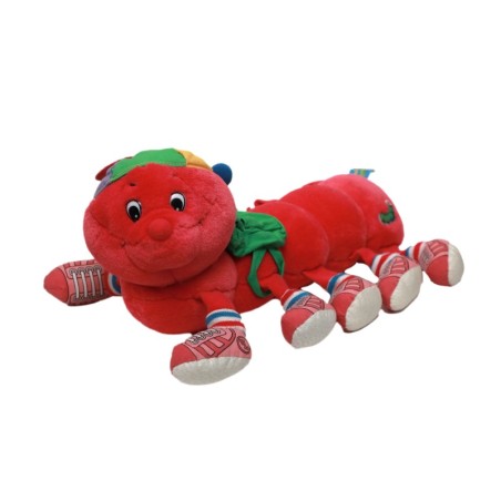 VINTAGE - Peluche chenille Familipattes Crazy rouge rose Lansay 36 cm (28211)
