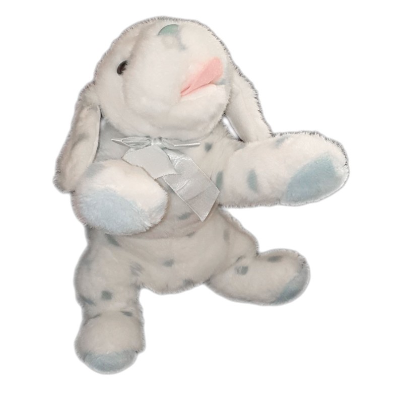 Peluche doudou chien blanc taches bleues Noeud 40 cm JACADI (24109)