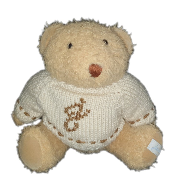 Peluche ours beige Pull laine blanc Jacadi 26 cm (22167)