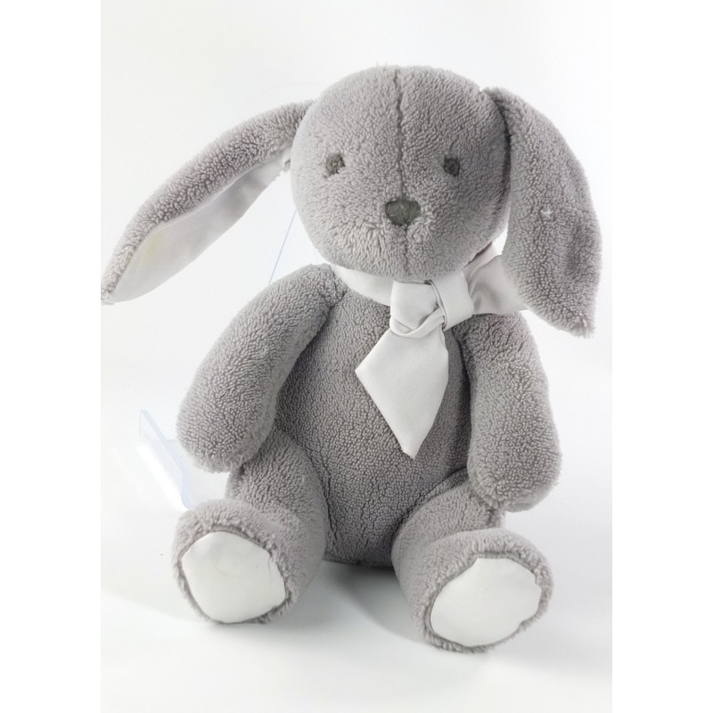 Peluche doudou Lapin gris Jacadi noeud blanc 26 cm (20021)