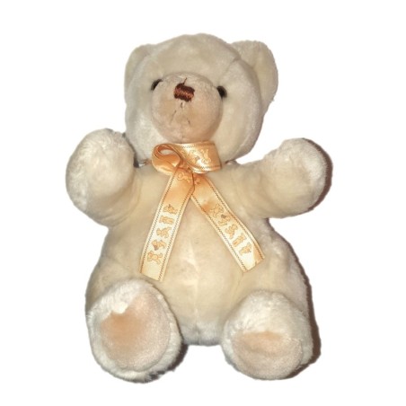 Doudou peluche ours blanc beige Noeud satine assis 28 cm NOUNOURS (25076)