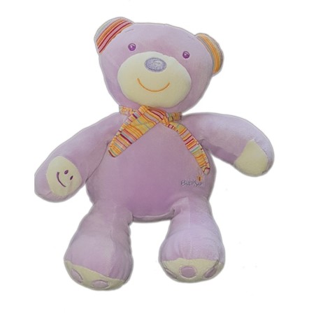Doudou Peluche OURS mauve Echarpe Rayée BABYSUN - Rigole - Rire Bébé - 32 Cm (27000)