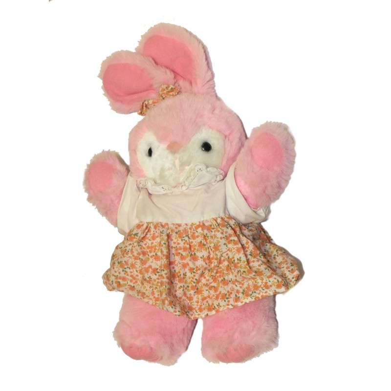 Vintage ancienne Peluche Lapin rose CP International Colmar Robe noeud Fleuri 50 cm (27402)