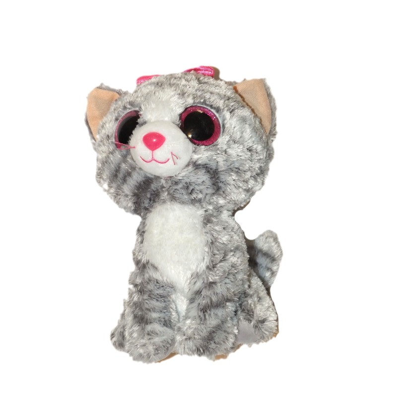 Peluche chat gris noeud rose TY 26 cm (27592)