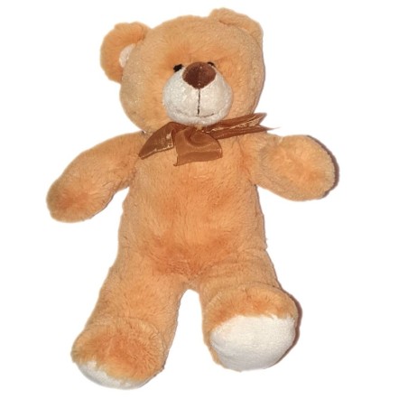 Peluche Ours beige blanc nez marron Noeud satine 34 cm GIPSY (25079)