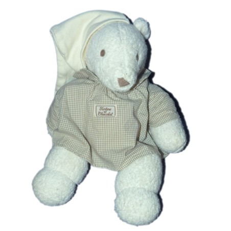 Peluche Doudou Souris blanche Chemise carreaux marron Bonnet TARTINE ET CHOCOLAT 30 cm (16643)