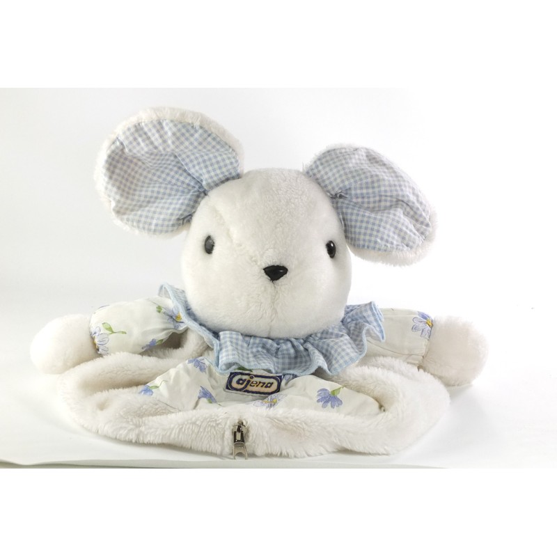 Vintage - Ancienne Peluche Range Pyjama Souris blanche bleu vichy fleurs 32 cm (20315)