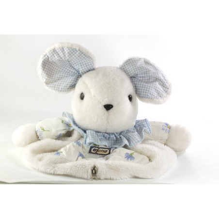 Vintage - Ancienne Peluche Range Pyjama Souris blanche bleu vichy fleurs 32 cm (20315)