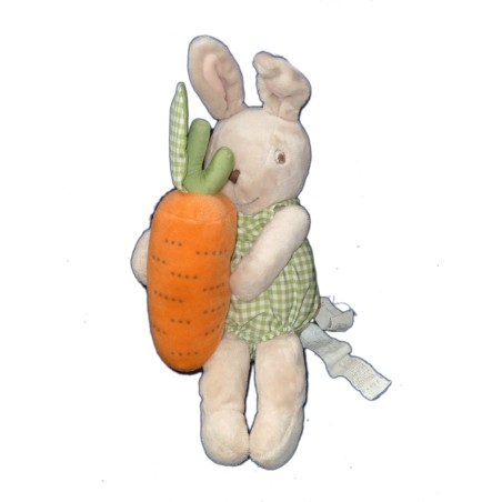 Doudou lapin beige salopette verte carreaux carotte grelot – Peluche douce bébé