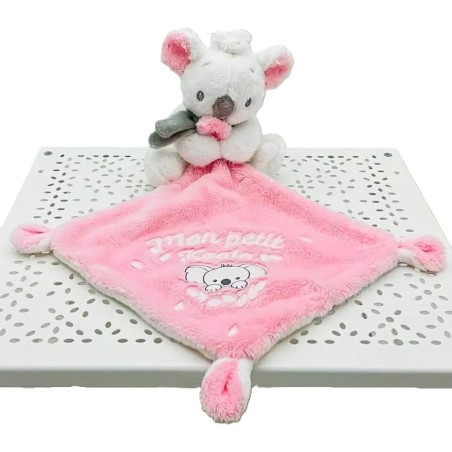 Doudou koala Pommette blanc rose velours avec mouchoir – Occasion vérifiée comme neuf – DestockBaby