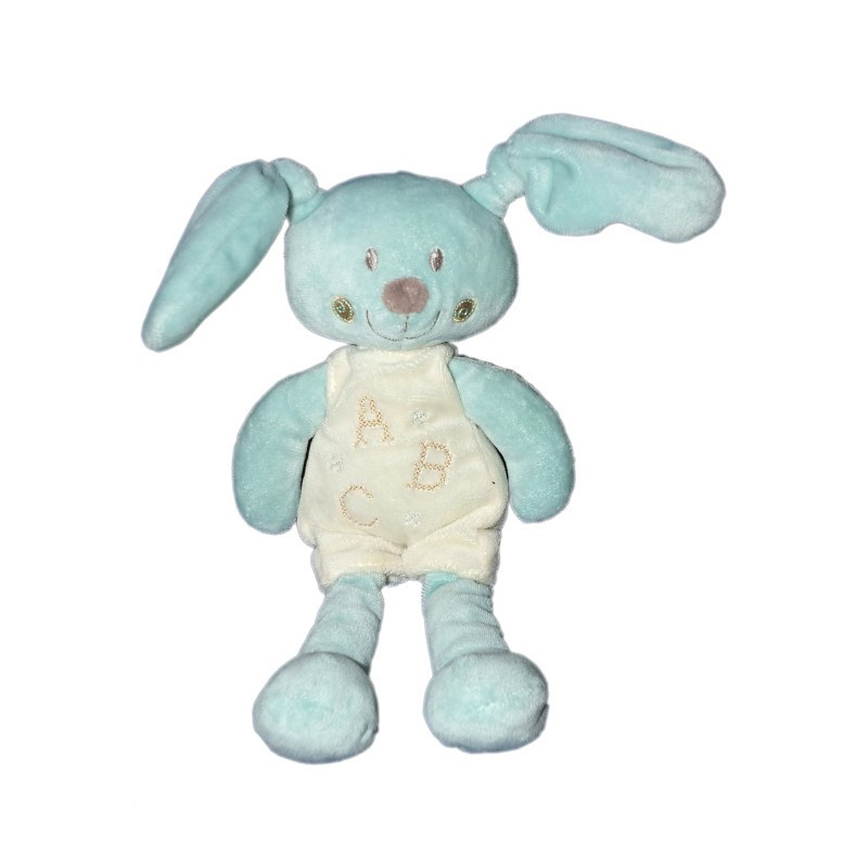 POMMETTE - Doudou Lapin bleu Salopette blanche ABC - H 26 cm