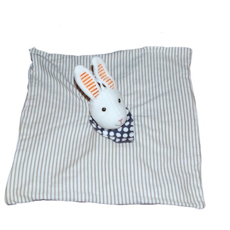 Doudou plat lapin IKEA blanc gris rayé foulard bleu