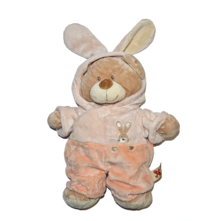 Peluche doudou Ours déguisé lapin rose orange saumon capuche Nicotoy 32 cm