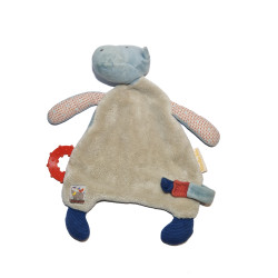 Moulin Roty - Doudou plat Hippopotame Les Papoum beige bleu anneau de dentition