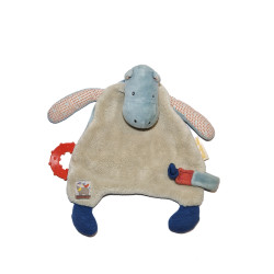 Moulin Roty - Doudou plat Hippopotame Les Papoum beige bleu anneau de dentition