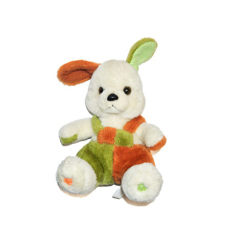 Ancienne Peluche Lapin blanc vert Orange Salopette 20 cm Vintage | DestockBaby
