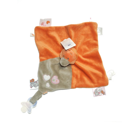 Noukies - Doudou plat canard Iris et Babette orange gris NEUF