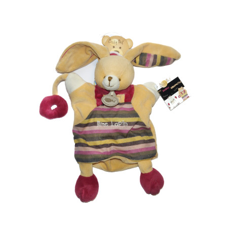 Doudou Mme Lapin marionnette beige et tissu rayé BN508