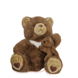 Ancienne Peluche ours marron coeur et son bébé Comexo 30 cm Vintage