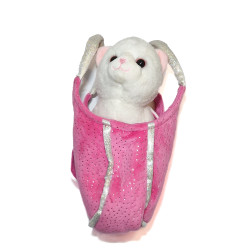 Gipsy - Peluche doudou chat blanc dans son sac rose coeur argenté