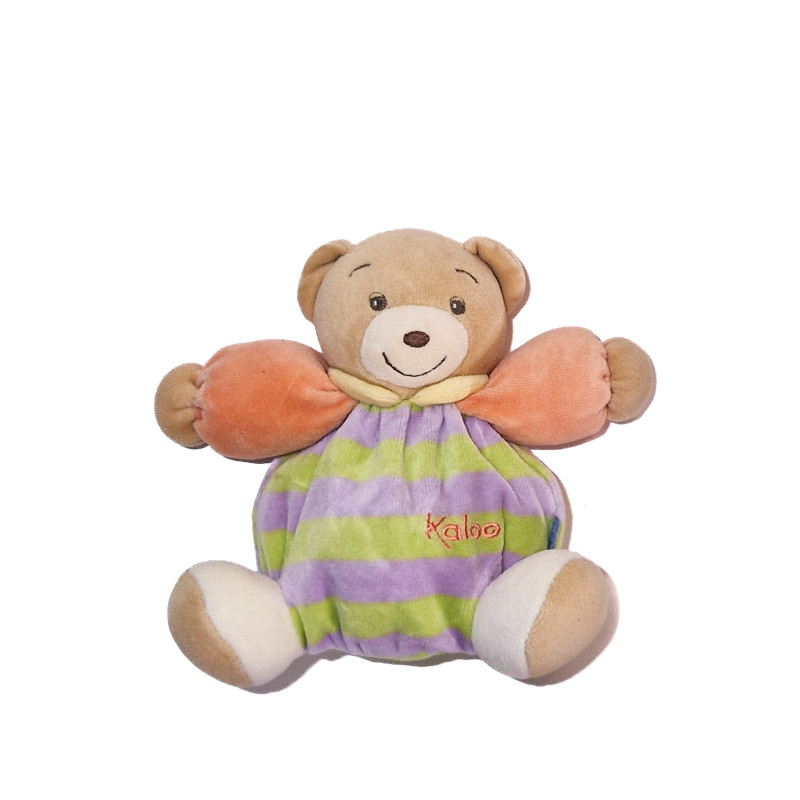 Doudou ours Kaloo orange rayures vert mauve 18 cm