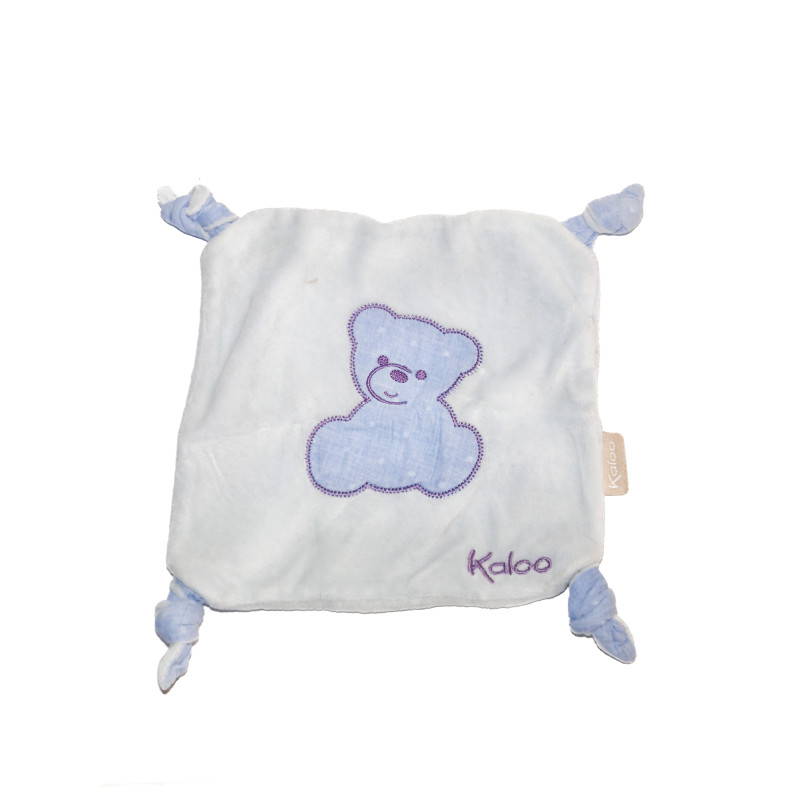 Doudou plat blanc ours bleu mauve 4 noeuds Kaloo