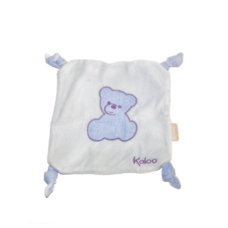 Doudou plat blanc ours bleu mauve 4 noeuds Kaloo