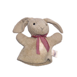 Doudou marionnette lapin ruban vichy rouge Noukies chez vous des demain