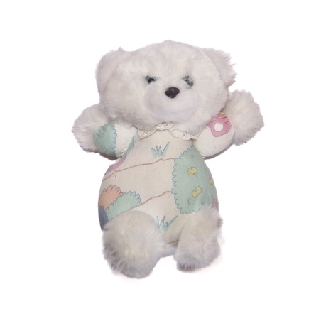 Peluche doudou ours blanc collerette Nounours 20 cm grelot | Destock Baby