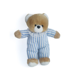 Peluche ancien ours marron pyjama bleu blanc rayures collerette 25 cm Vintage