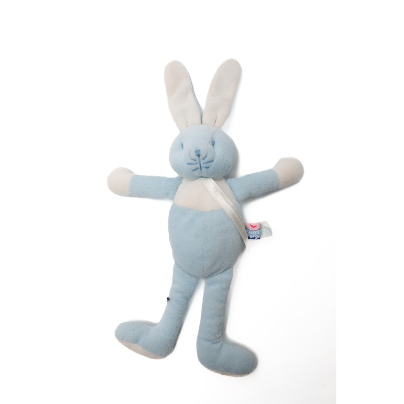 Doudou lapin bleu blanc ruban satiné Sucre d'Orge 32 cm